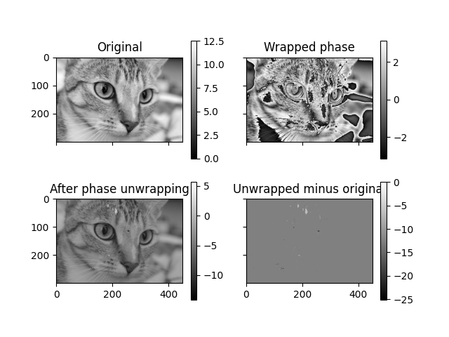 Original, Wrapped phase, After phase unwrapping, Unwrapped minus original